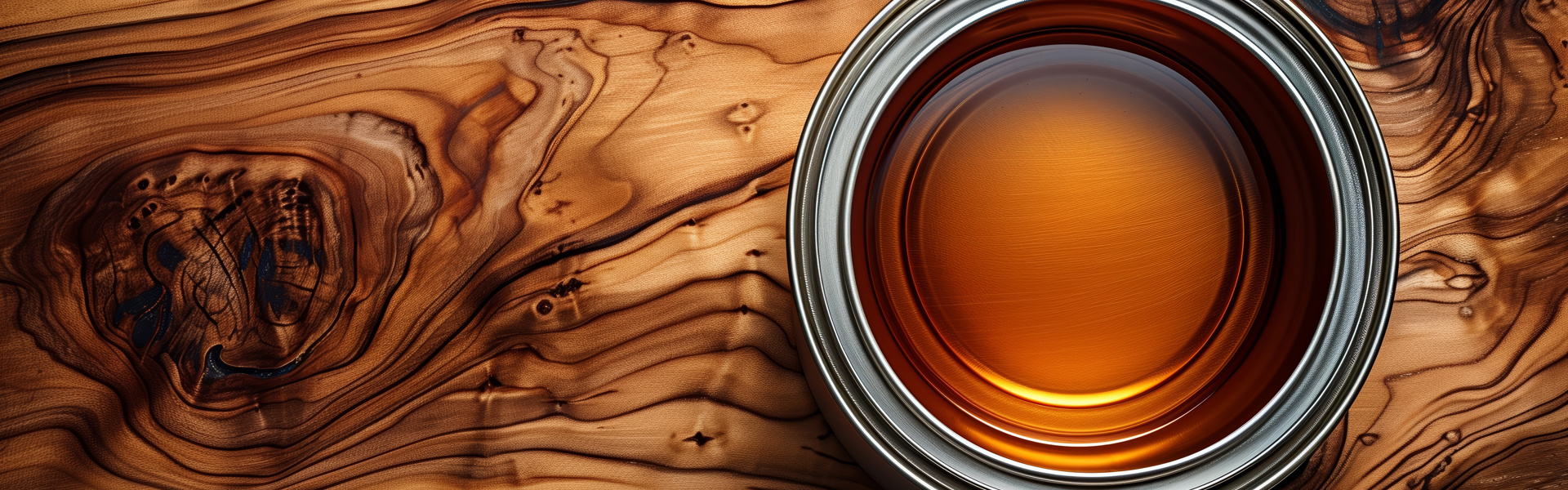 Nahaufnahme einer Dose mit klarer Holzbeschichtung, von oben fotografiert, zeigt ihre glänzende Oberfläche vor einem Hintergrund aus natürlicher Holzmaserung