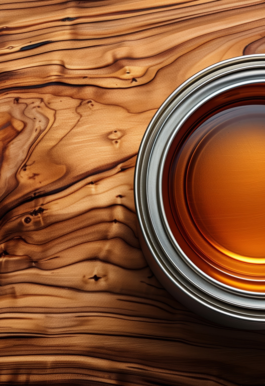 Nahaufnahme einer Dose mit klarer Holzbeschichtung, von oben fotografiert, zeigt ihre glänzende Oberfläche vor einem Hintergrund aus natürlicher Holzmaserung